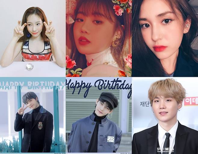 ▲ 태연(왼쪽 위), (여자)아이들 수진(가운데), 전소미(오른쪽), 주학년(둘째줄 왼쪽), 활(둘째줄 가운데), 슈가. 출처｜태연, (여자)아이들, 전소미, 더보이즈 인스타그램, 한희재 기자 hhj@spotvnews.co.kr