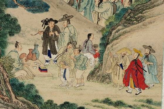 조선 후기 화가 유숙이 그린 ‘대쾌도( 大快圖)’의 일부. 씨름을 구경하던 일부 관객이 외곽에 마련된 술판으로 가고 있다. [중앙포토]