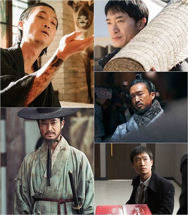 왼쪽부터 시계방향으로 영화 '마약왕' 강상구, '부라더' 미봉, '남한산성' 정명수, '원라인' 원검사, '창궐' 박을룡 역을 맡은 배우 조우진 (사진=각 배급사 제공)