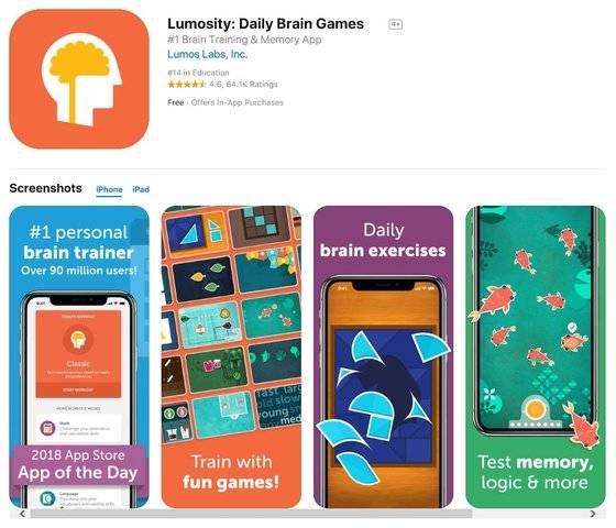 루모시티는 뇌운동을 스마트폰과 컴퓨터로 쉽게 할 수 있다. 기억력, 주의력, 반응속도, 사고의 유연성, 문제해결능력, 언어 및 수학능력 등을 평가하고 향상하는 총 64개 게임을 제공한다. [사진 앱스토어 캡쳐]