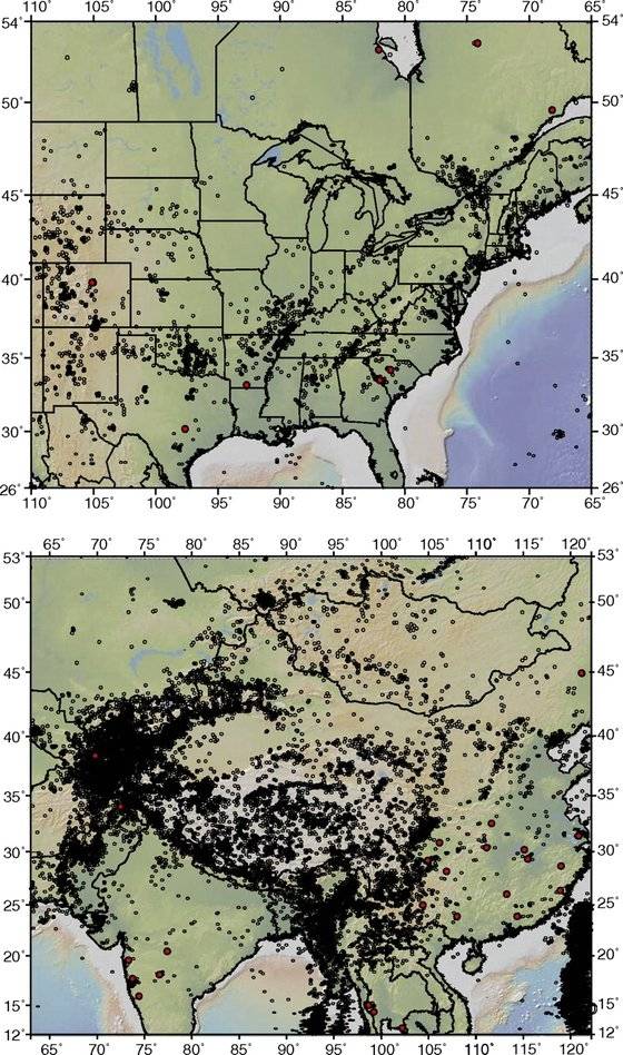 2012년 조백 스탠펀드대 교수 연구진이 미국 중부와 동부, 캐나다 남동부에서 발생한 지진과 피해를 기록한 것.(위) 붉은 점들은 저수지로 인한 지진 발생 지역을 나타낸다. 아래는 남아시아와 동아시아의 지진과 저수지에 의한 지진 발생지를 나타낸 것. [그래픽제공=미국립과학원회보]