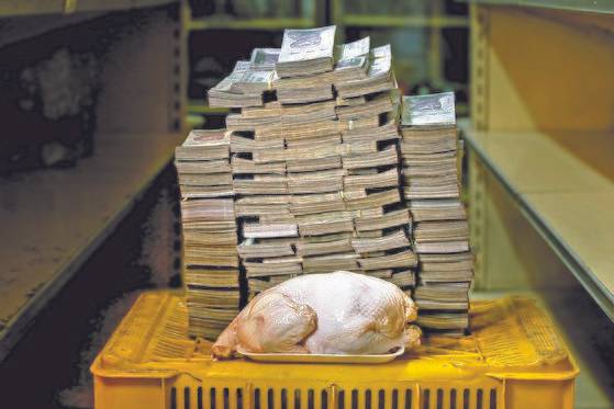 베네수엘라의 초인플레이션을 보여주는 상징적인 사진. 지난해 8월 카라카스의 한 상점에서 2.4㎏짜리 생닭 한 마리가 1460만 볼리바르(약 2500원)에 거래됐다. 베네수엘라는 화폐개혁을 통해 새 통화 ‘볼리바르 소베라노(최고 볼리바르)’를 도입하는 등 물가를 잡으려 애쓰고 있지만 올해 물가상승률은 세계 현대사에서 유례 없는 규모인 1000만%에 이를 것으로 예상된다. [로이터=연합뉴스]