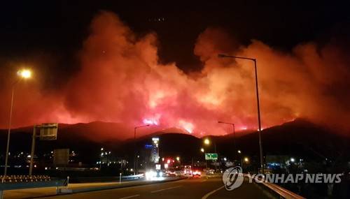 강릉 옥계 산불 (강릉=연합뉴스) 지난 4일 오후 11시 46분께 강원도 강릉시 옥계면 남양리 한 야산에서 발생한 산불이 강풍을 타고 번지고 있다. 2019.4.5 [독자 제공] hak@yna.co.kr