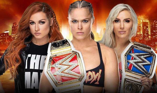 2019년 레슬매니아35의 메인이벤트를 장식하게 된 여성 레슬러 3인방, 왼쪽부터 베키 린치, 론다 로우지, 샬럿 플레어. 사진=WWE