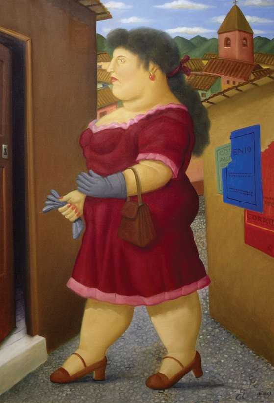 집으로 들어가는 빨간옷의 여인(mujer entrando a su casa), Fernando Botero. [중앙포토]