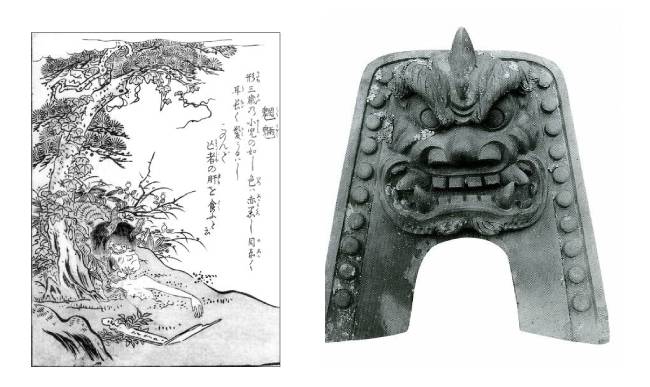 일본 에도시대 출간된 요괴 그림책 ‘금속화도속백귀’에 실린 망량(왼쪽)과 일본 도깨비 그림을 조각한 일본 기와. [위키피디아, 강우방 제공]