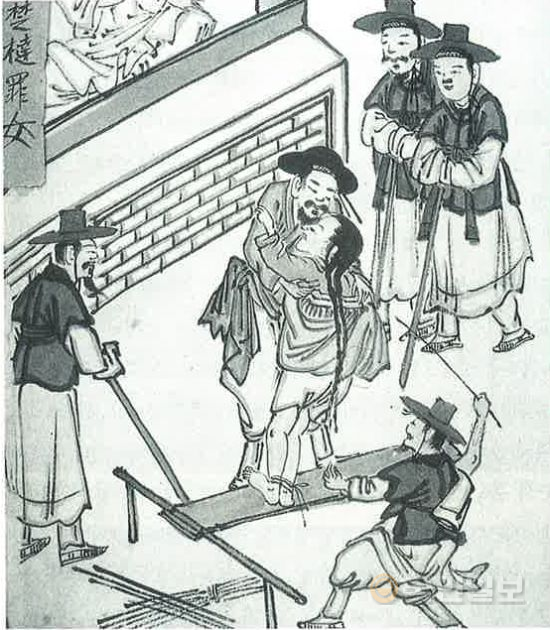 김윤보 행정도첩 속 <죄 지은 여인 매질하는 모습>