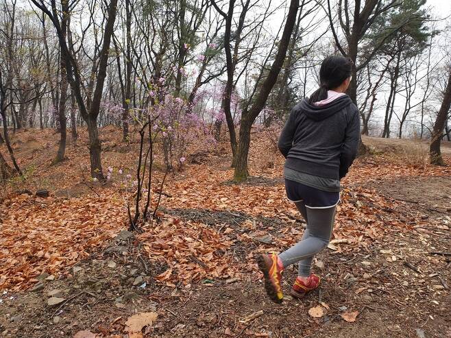 오리엔티어링 엘리트(최상급) 코스에 출전한 김채현 참가자가 진달래꽃이 핀 공원을 뛰어가고 있다. 이정연 기자