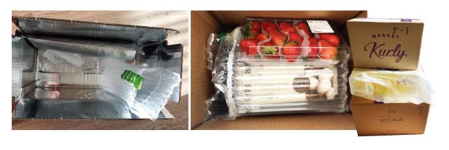 오아시스마켓에서 다양한 상품을 주문해도 ‘최소포장’을 선택하면 상자 1개에 모두 담겨와 포장재 쓰레기에 대한 부담이 적다 (왼쪽). 새벽배송 선두주자인 마켓컬리는 우수한 품질의 신선식품을 다양하게 판매한다는 점에서 호평을 받는다. 그러나 포장재가 지나치게 많고, 대부분 비싸다는 지적이 많다. [정혜연 기자]