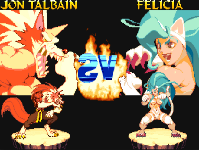 (존 탈바인과 펠리시아. 짐승 인간의 대결! 사진은 다크스토커즈2)