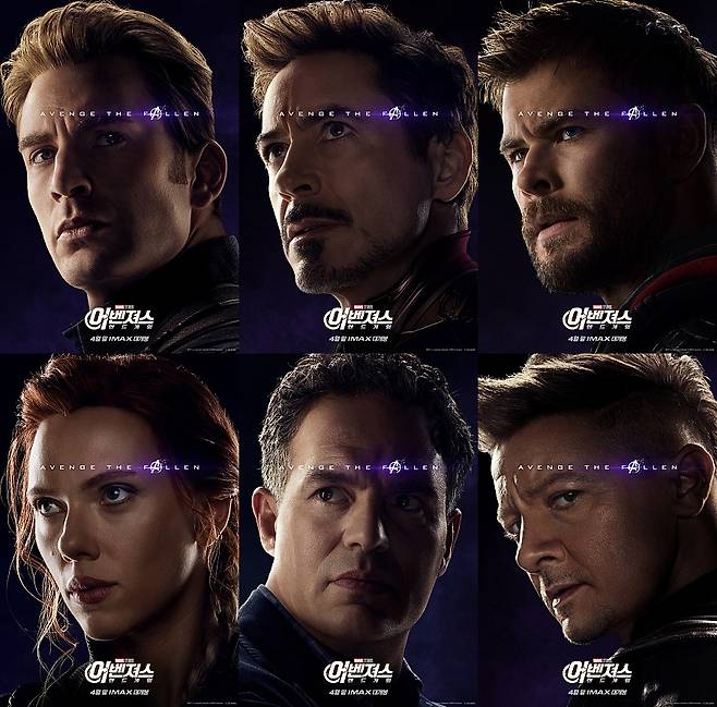 ▲ '어벤져스:엔드게임' 캐릭터 포스터. 왼쪽 위부터 시계방향으로 '캡틴 아메리카' 크리스 에반스, '아이언맨' 로버트 다우니 주니어, '토르' 크리스 헴스워스', '호크아이' 제레미 레너, '헐크' 마크 러팔로, '블랙 위도우' 스칼렛 요한슨.