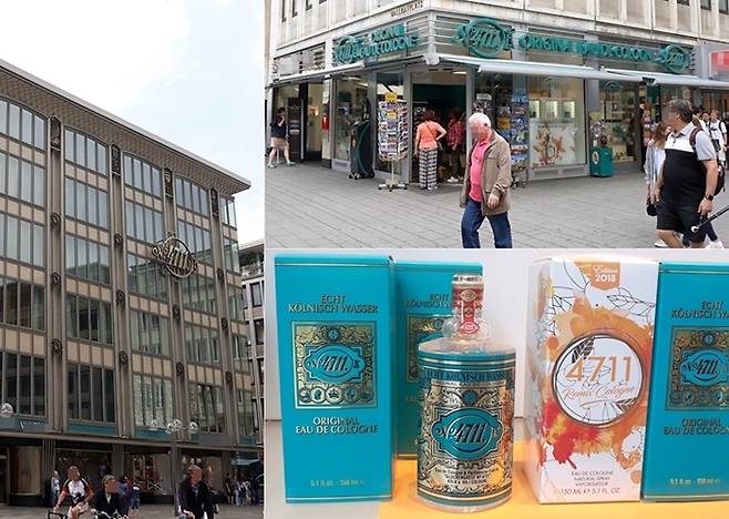 오드 콜롱을 처음 팔던 가게라고 한다(좌). 오드 콜롱 가게도 사람들이 가득하다(우상). 진열장에 놓인 오드 콜롱(우하).
