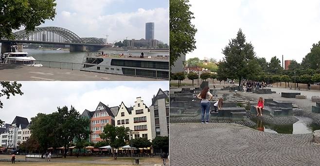 라인강에 걸려있는 호헨졸레른 다리 옆에 유람선이 정박해있다. 이곳에 라인강을 거슬러 올라온 배가 정박해 생선을 하역했을 것이다(좌상). 옛날 피쉬마르크트의 건물들은 파스텔톤으로 장식된 식당으로 바뀌었다. 쾰른 특산의 쾰슈 맥주를 즐길 수 있다(좌하). 강변의 장터에는 공원이 조성돼있다(우).