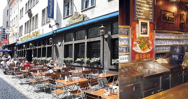 닭고기 요리로 점심을 먹은 700년 역사를 자랑하는 시온 양조장 식당(좌). 시온 양조장 식당의 카운터. 맥주통이 걸려있고, 맥주잔들이 줄지어 있다(우). 우 사진=Wikipdia