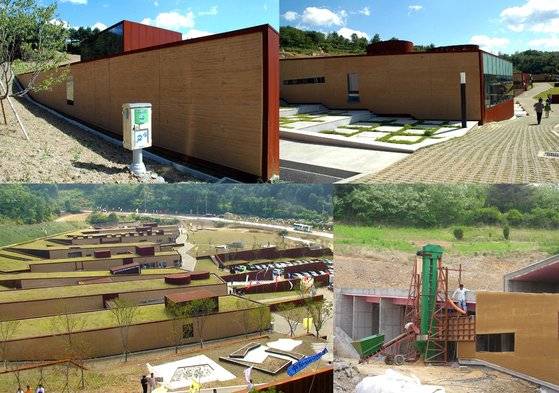 승효상 건축가가 설계한 강원도 인제의 ‘한국DMZ 평화생명동산’의 모습. 흙과 코르텐과 콘크리트가 어우러진다.［사진 건축연구소 알콘］