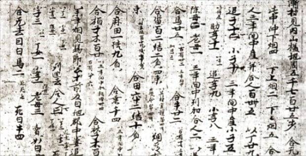 일본 정창원에서 발견된 신라촌장적의 첫 부분.