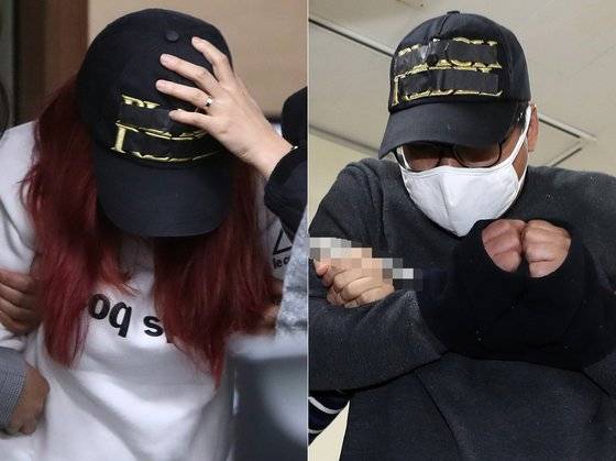 지난 1일 중학생 의붓딸(13)을 살해하고 시신을 유기한 혐의(살인 및 사체유기)로 구속 전 피의자 심문에 출석하는 계부 김모(31·오른쪽)씨와 범행을 도운 혐의로 전날 긴급체포된 친모 유모(39)씨. [연합뉴스]