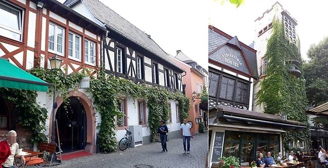 뤼데스하임 마을은 중세풍의 건물들이 잘 보존돼있다(좌). 드로셀가세에 있는 종탑(우).