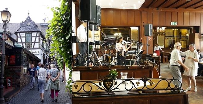 1727년에 문을 열었다는 드로셀호프가 있는 드로셀가세의 풍경(좌). 식당 안에는 2인조 밴드가 연주를 하고, 손님들은 연주에 맞추어 춤을 추기도 한다(우).