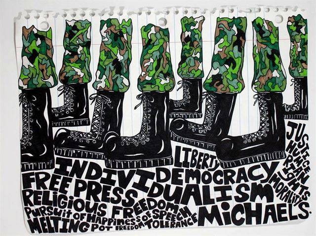 마이클 스코긴스의 사회 비판적 작품 '행진하는 군화들'. 인스타그램 캡처