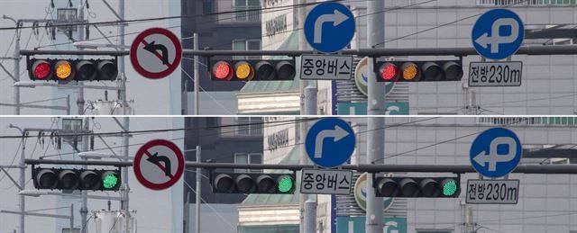 위 신호등은 일반 차량과 버스 진행 방식이 다르지만 모두 같은 표시를 한다. 이곳을 자주 다니지 않으면 신호를 혼동할 수밖에 없다.