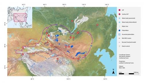 중앙아시아와 북부 이동 경로 붉은 점은 후기구석기 초기 유적이 출토된 지역. [Nils Vanwezer and Hans Sell 제공]