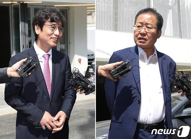 유시민 노무현재단 이사장(왼쪽)과 홍준표 자유한국당 전 대표가 3일 오전 유튜브 토론 '홍카레오(홍카콜라+알릴레오)' 녹화를 위해 서울 강남구의 한 스튜디오로 입장하고 있다. 2019.6.3/뉴스1 © News1 신웅수 기자