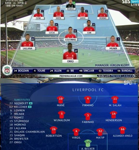 클롭 감독 데뷔전의 베스트11(상단)과 챔피언스리그 결승전 베스트11 스쿼드의 차이. SBS스포츠, 스포티비