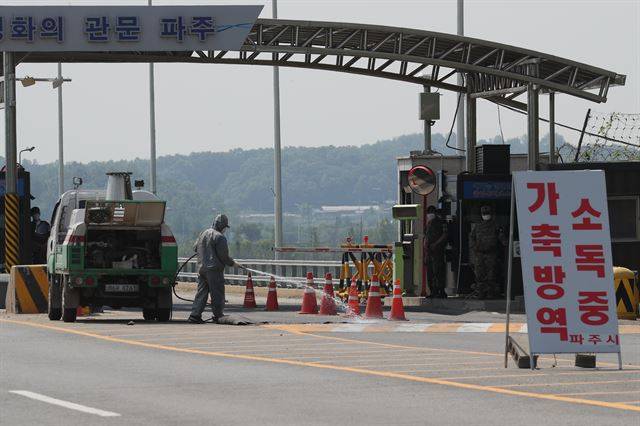 3일 경기 파주시 통일대교 북단 민통선 지역에서 축산 방역당국이 도로에 방역 약품을 살포하고 있다. 파주=연합뉴스
