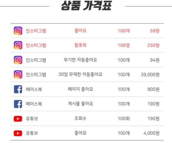 SNS 좋아요, 팔로우 가격이 명시됐다/사진=업체 홈페이지 캡쳐