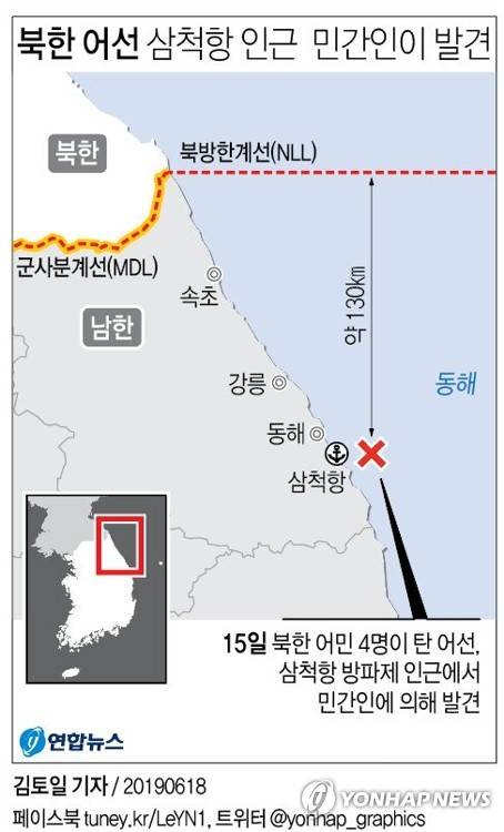 [그래픽] 북한 어선 삼척항 인근 민간인이 발견 (서울=연합뉴스) 김토일 기자 = 18일 관계 당국에 따르면 당시 군은 해경으로부터 '삼척항 방파제'에서 북한 어선이 발견됐다는 상황을 전파받은 것으로 알려졌다. 그러나 당시 북한 어선은 방파제 인근 부두에 거의 접안한 상태였다고 복수의 정부 소식통은 전했다. bjbin@yna.co.kr