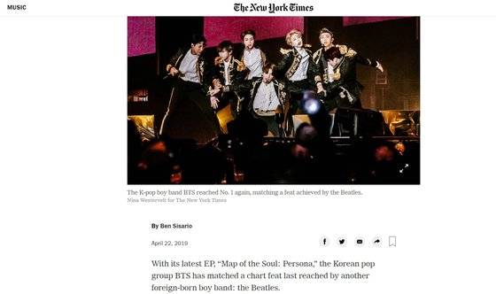 뉴욕타임스에서는 BTS를 K-pop boy band, Korean pop group으로 설명했다. [뉴욕타임스 온라인 캡처]