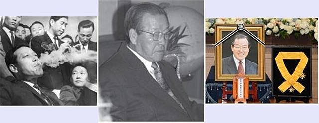 ▲ (왼쪽) 1964년 6월 18일 2차 외유를 떠나기 전 김포공항에서 담배를 피우는 김종필. 1차 외유에서 돌아온 지 불과 8개월 만에 한일 국교정상화 협상에 따른 여론 악화에 책임을 지고 7개월의 2차 외유를 떠난다. 두 차례의 외유 이후 ‘풍운아’라는 수식어가 따라붙는다. (출처: 김종필 전 총리 비서실) ▲ (가운데) 2004년 4월 19일 마포당사에서 정계은퇴 선언을 한 직후의 JP (출처: <김종필 증언록>, 와이즈베리, 2016 수록 사진 캡처) ▲ (오른쪽) 서울 송파구 서울아산병원 빈소. 나란히 자리하고 있는 영정사진과 국민훈장 무궁화장