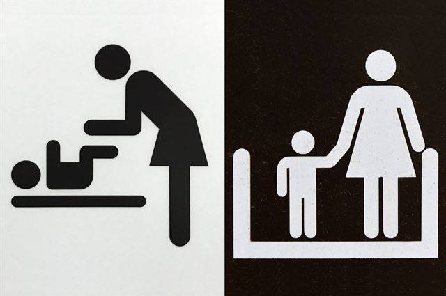 단순하고 명료한 그림을 통해 정보를 전달하는 역할을 하는 공공안내표지 속 픽토그램 중 여성과 육아를 당연시하듯 제작된 경우가 적지 않다. 이 같은 픽토그램에 반복적으로 노출될 경우 개인의 양육 태도나 가치관에 부정적 영향을 미칠 수 있다. 왼쪽은 기저귀 교환대, 오른쪽은 에스컬레이터 탑승 시 어린이 보호를 지시하는 픽토그램.