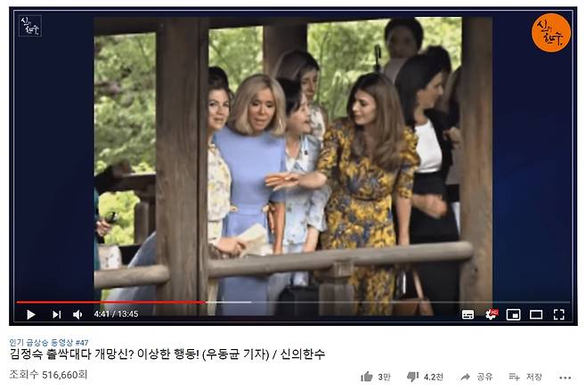 지난 28일 일본 교토의 사찰 도후쿠지를 방문한 주요 20개국(G20) 정상 배우자들 사이에서 문재인 대통령의 부인 김정숙 여사가 외교적 결례를 범해 제지당했다고 주장한 보수 유튜브 채널 ‘신의한수’. 그러나 이러한 주장은 사실과 달랐다.   ‘신의한수’ 유튜브