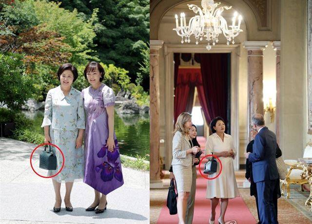 김정숙 여사는 지난달 28일 오사카에서 열린 G20 정상 배우자 환영차담회(왼쪽)와 지난해 10월 이탈리아 공식방문 당시 국내 브랜드 구드의 '엣지백'을 들었다. 청와대사진기자단·연합뉴스