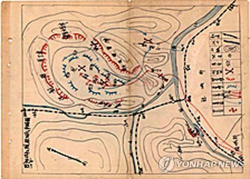 박승길 선생이 작성했다는 '봉오동 전투도'. 봉오동 전투에 앞선 안산 전투 당시 독립군 부대들의 배치와 전투 상황을 그린 것이라는 주장도 있다. [한국학중앙연구원 제공]
