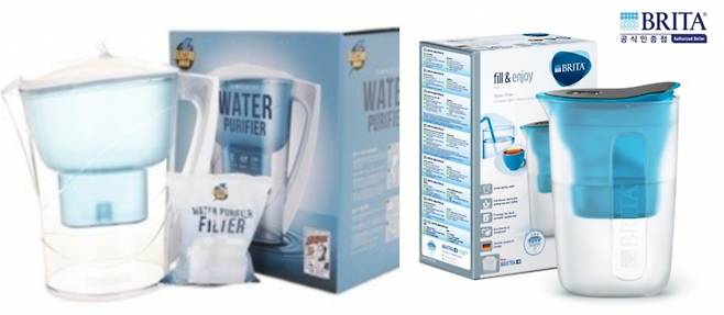 이마트가 출시한 '일렉트로맨 혼족 정수기'(왼쪽)와 독일 브리타사의 '마렐라' ⓒ이마트, 브리타코리아 제공