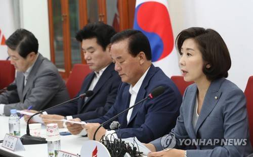 발언하는 나경원 원내대표 (서울=연합뉴스) 이진욱 기자 = 자유한국당 나경원 원내대표가 24일 오전 국회에서 열린 원내대표-중진의원 연석회의에서 발언하고 있다.  cityboy@yna.co.kr