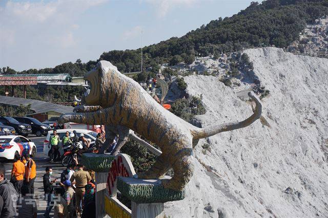 지난 26일 분출한 인도네시아 서부자바주의 탕쿠반 프라후 분화구 위에 세워진 호랑이 조각상의 등에 화산재가 뒤덮인 29일 모습. 름방=고찬유 특파원