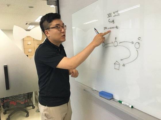 김집사의 구조를 설명하고 있는 최우석 대표. 윤경희 기자.