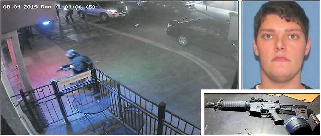 긴박했던 총기난사 사건의 현장이다. 4일 새벽(현지시간) 무고한 주민 9명의 목숨을 앗아가고 27명을 다치게 한 미국 오하이오주 데이턴의 오리건 지구 총기 난사 및 범인 사살 순간이 감시용 폐쇄회로 카메라에 잡혔다. 총기 난사 사건의 용의자인 24세의 백인 남성 코너 베츠(사진 하단 왼쪽)가 방탄복과 마스크, 귀 보호 장구 등으로 무장한 채 한 술집 문으로 향하고 있다. 이에 주변을 순찰하던 경찰(사진 상단)의 대응 사격을 하고 있다. 미국 경찰은 용의자의 신분을 특정해 얼굴 사진과 범행에 쓰인 223구경 소총을 공개했다. [EPA 로이터]