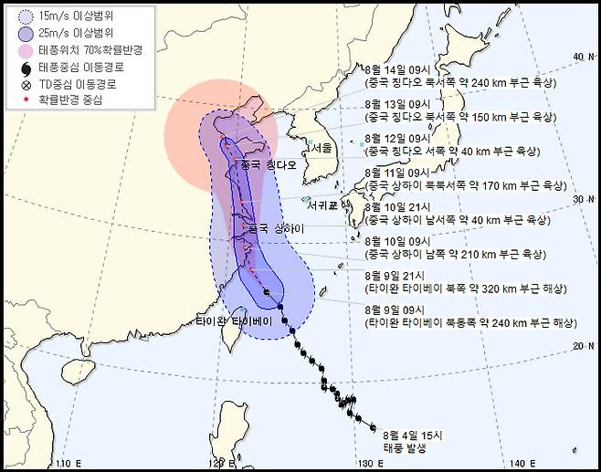 9일 오전 9시 기준 9호 태풍 레끼마의 예상 경로. 레끼마(LEKIMA)는 베트남에서 제출한 이름으로 과일나무의 하나이다.   | 기상청 제공