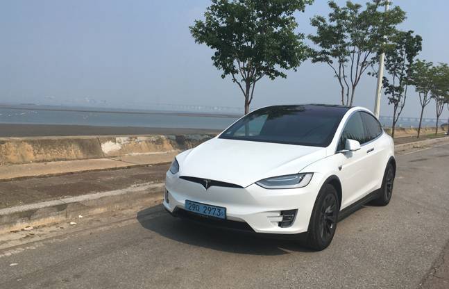 충남 당진의 한 해안도로변에 멈춰선 테슬라 모델X. ⓒ데일리안 박영국 기자