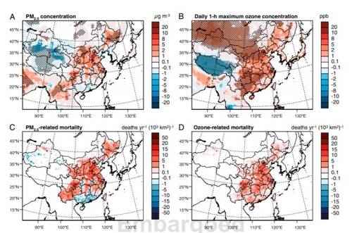 기후변화에 따른 대기질 악화 예상도 2006~2010년 대비 2046~2050년의 초미세먼지(A)와 사망자(C) 변화. B와 D는 오존 농도와 이에 따른 사망자 변화 예상도. [PNAS 논문 캡처]