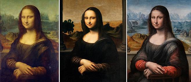 다빈치 모나리자(왼쪽부터), 젊은 모나리자, 프라도 미술관 모나리자.