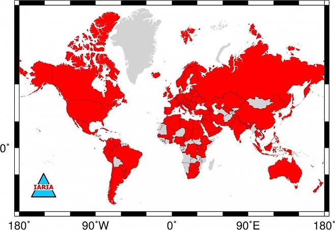 IARIA가 제시한 학회의 기술 이사회 회원들이 속한 지역이다. 한국도 이사가 있다는 뜻의 빨간색으로 표시된 것을 볼 수 있다. IARIA 홈페이지 캡처