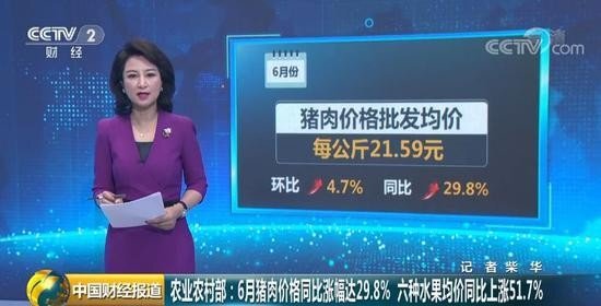 지난 7월 중국 경제를 전문으로 보도하는 중국 중앙텔레비전이 6월의 돼지고기 가격이 kg당 21위안을 넘어섰다고 보도하고 있다. 8월에는 kg당 30위안을 돌파했다. [중국 CCTV 캡처]
