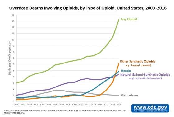2000~2016년 미국에서 아편(Opioid) 성분 마약 및 진통제 과다 복용으로 인한 사망자 증가 추이[미 질병통제센터]