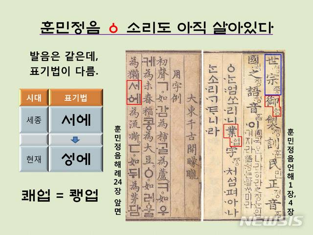 <사진> 훈민정음 ㆁ(속칭 ‘꼭지이응’) 소리도 아직 살아있다. 해례본의 ‘서ㆁㅔ’는 표기법만 다를 뿐 지금의 ‘성에’와 발음이 같다.